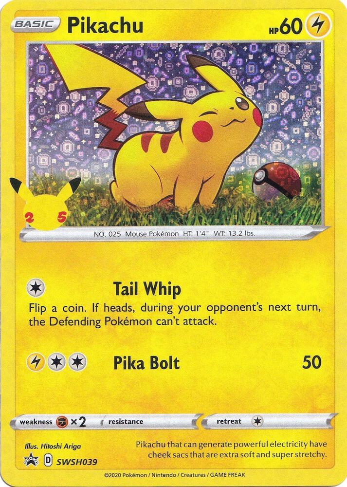 SWSH039-holo-25thcelebration Pikachu (25th Celebration stamp) – SWSH Black Star Promos